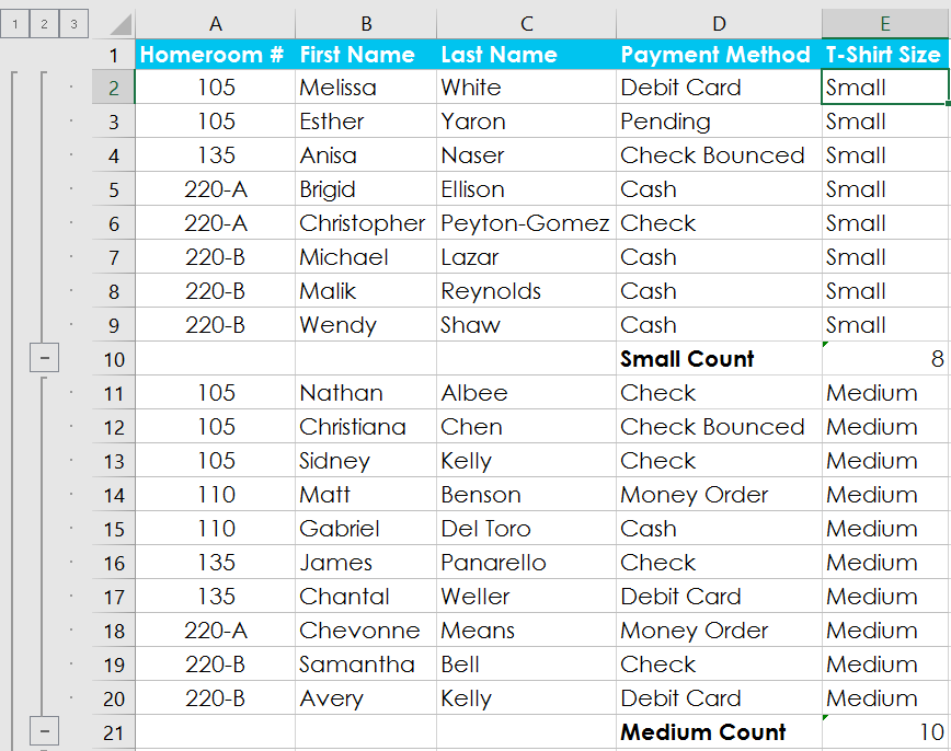 Subtotal rows and groups have been applied to the worksheet