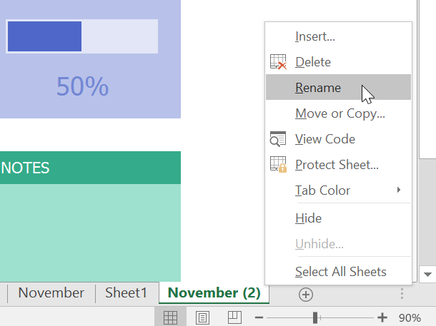 selecting the Rename worksheet option