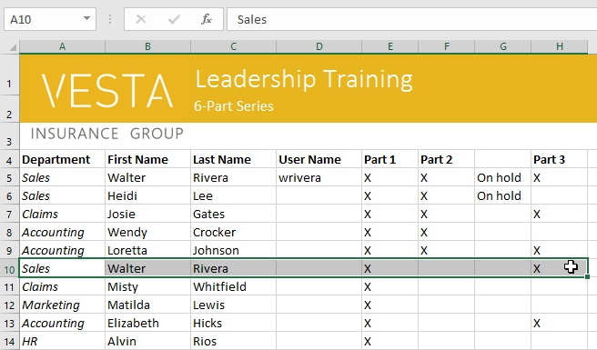 selecting cells A10:H10