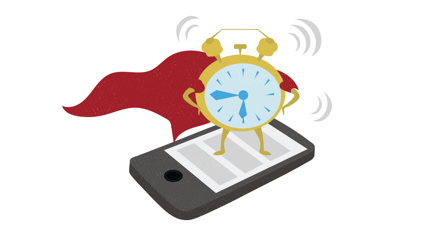 Cartoon image of an alarm clock wearing a cape and standing on a smartphone