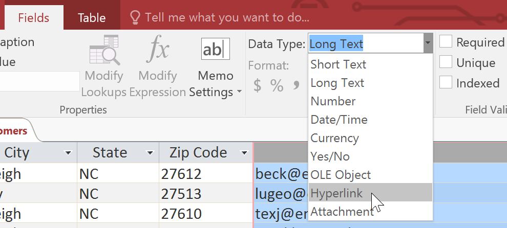 Selecting a new field data type