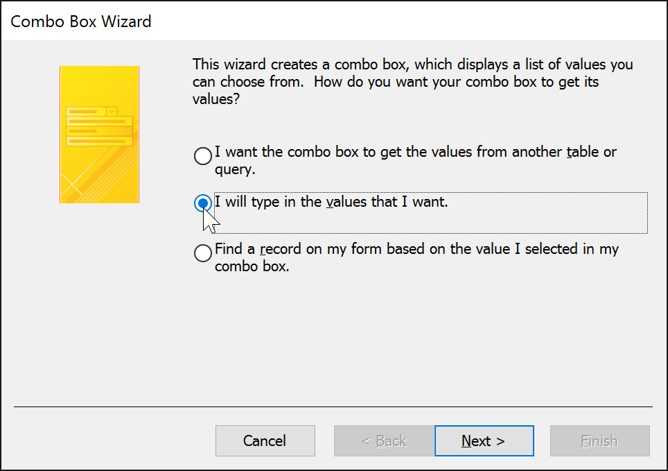 The Combo Box Wizard dialog box