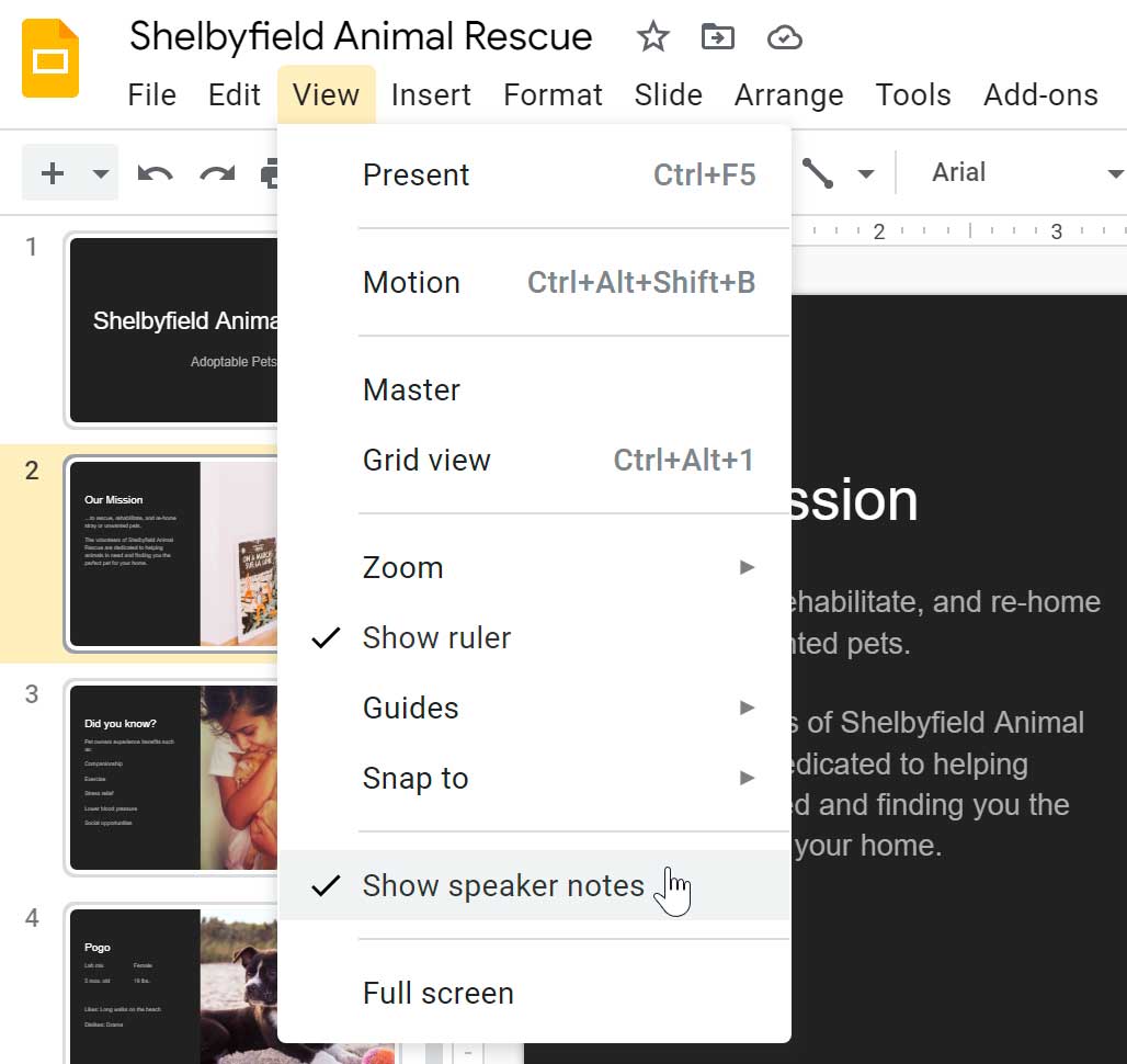 clicking to show or hide speaker notes from within the view drop-down menu