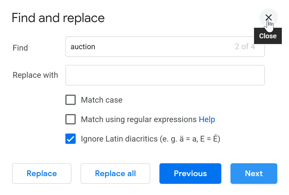 closing out of find and replace dialog box