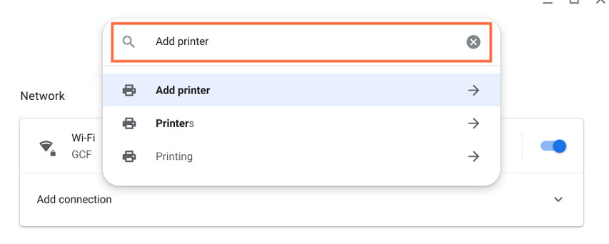 Typing Add printer in the search field