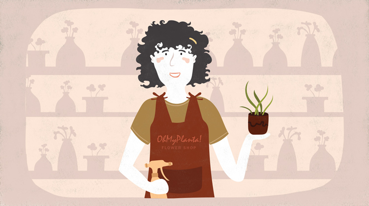 happy florist holding a plant and a spray bottle