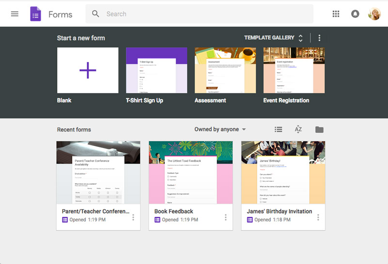 the google forms interface