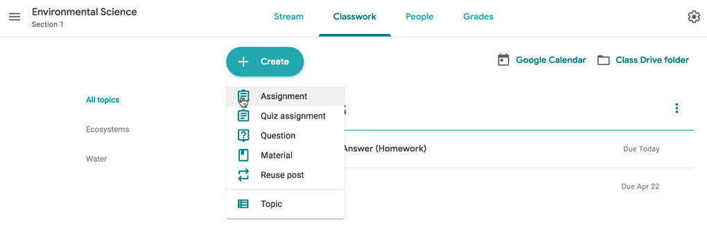 clicking the Assignment option in the Create menu