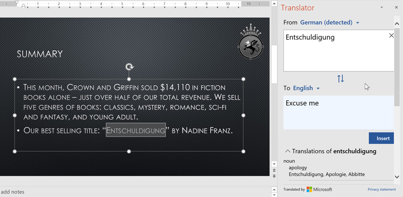 The Translator feature translating the German word for "excuse me" into English.