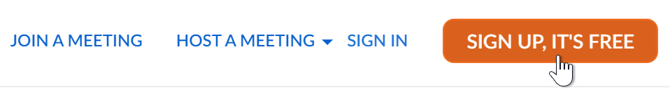 A screenshot of a mouse cursor hovering on the Sign Up, It's Free button on the Zoom website.