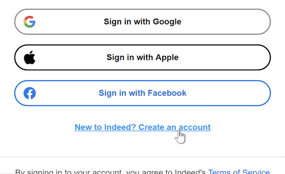 A cursor clicks a link reading "New to Indeed? Create an account."