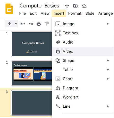 selecting video from the drop-down menu