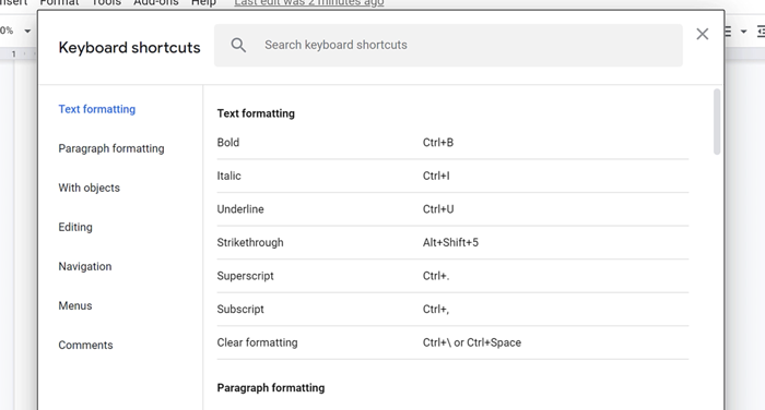 list of keyboard shortcuts