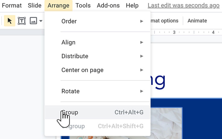 selecting group from arrange drop-down menu