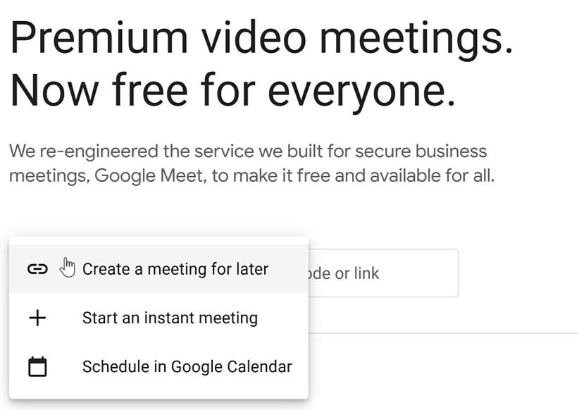 clicking Create a meeting for later