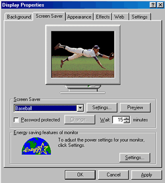 Display Properties dialog box with Screen Saver tab displayed