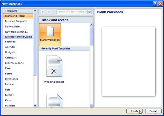 New Workbook Dialog Box