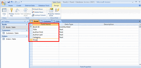 Fields in Design View