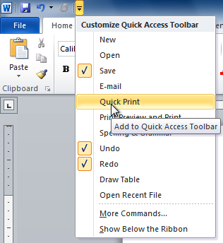 Adding Quick Print to the Quick Access toolbar