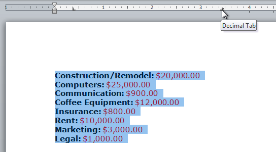 Adding tab stops