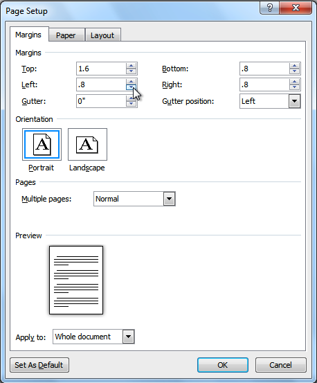 The Page Setup dialog box