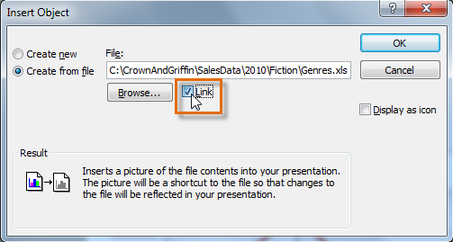 Linking the chart to the original Excel file