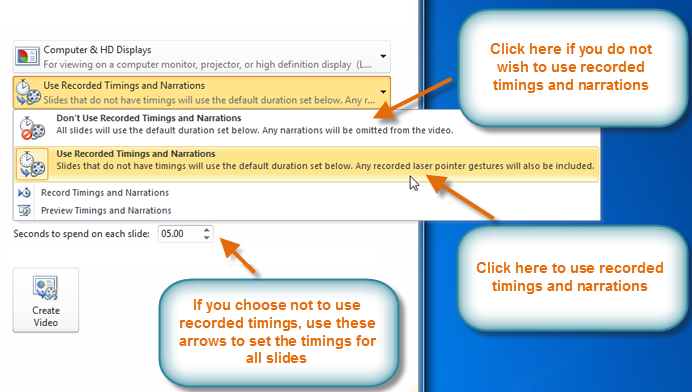 Selecting recorded timings and narration