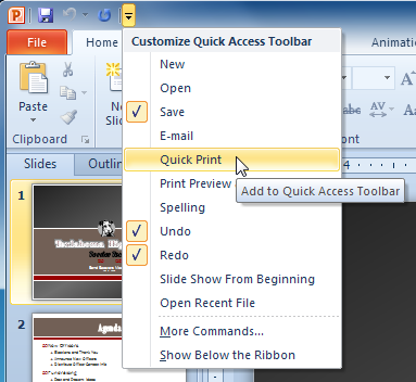 Adding Quick Print to the Quick Access toolbar