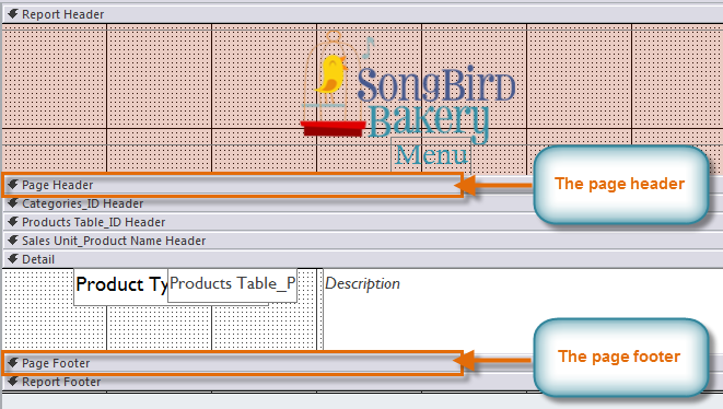 The page header and footer in Design View