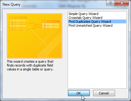 Choosing to create a find duplicates query