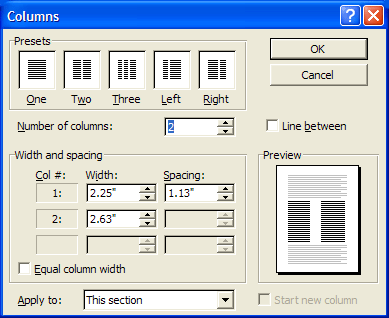 Columns Dialog Box