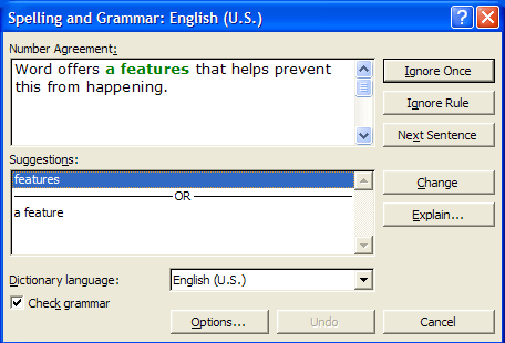 Spelling and Grammar Dialog Box