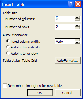 Insert Table Dialog Box