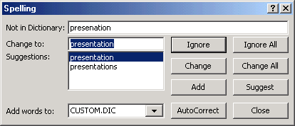 Spelling dialog box